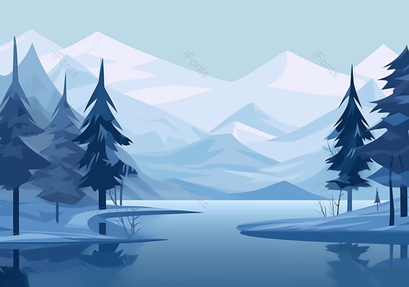 蓝色天空的雪山湖泊树木,插画/手绘图,插画/手绘图库,插画/手绘图下载,插画/手绘